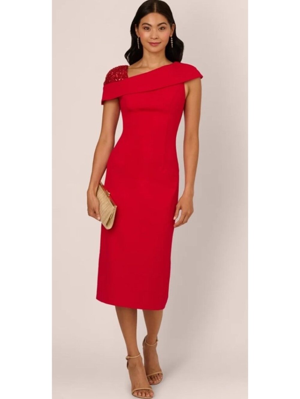 Adrianna Papell Sequin Shoulder Crepe Midi Sheath Dress Red Sz 8 $189 NEW